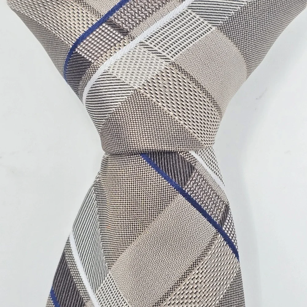 Michael Kors Mens Grey Plaid Silk Necktie Blue Accent Textured Formal Tie